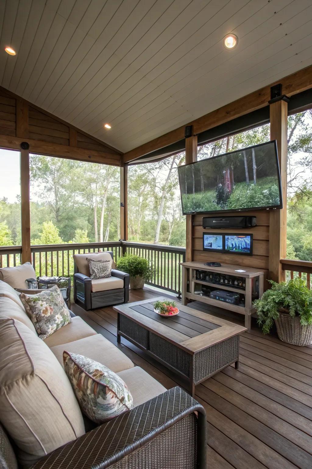 Conceptualize an entertainment hub right on your screened-in deck.
