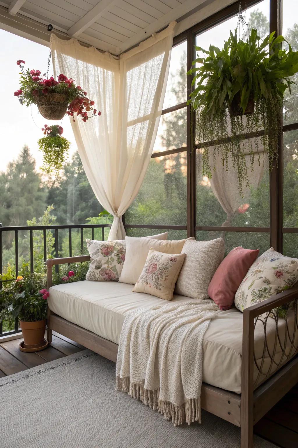 A peaceful daybed in a tranquil lanai environment.