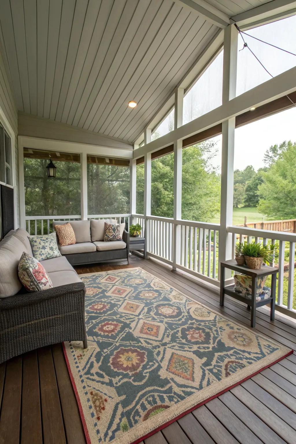 An area rug delineates and warms the porch area.