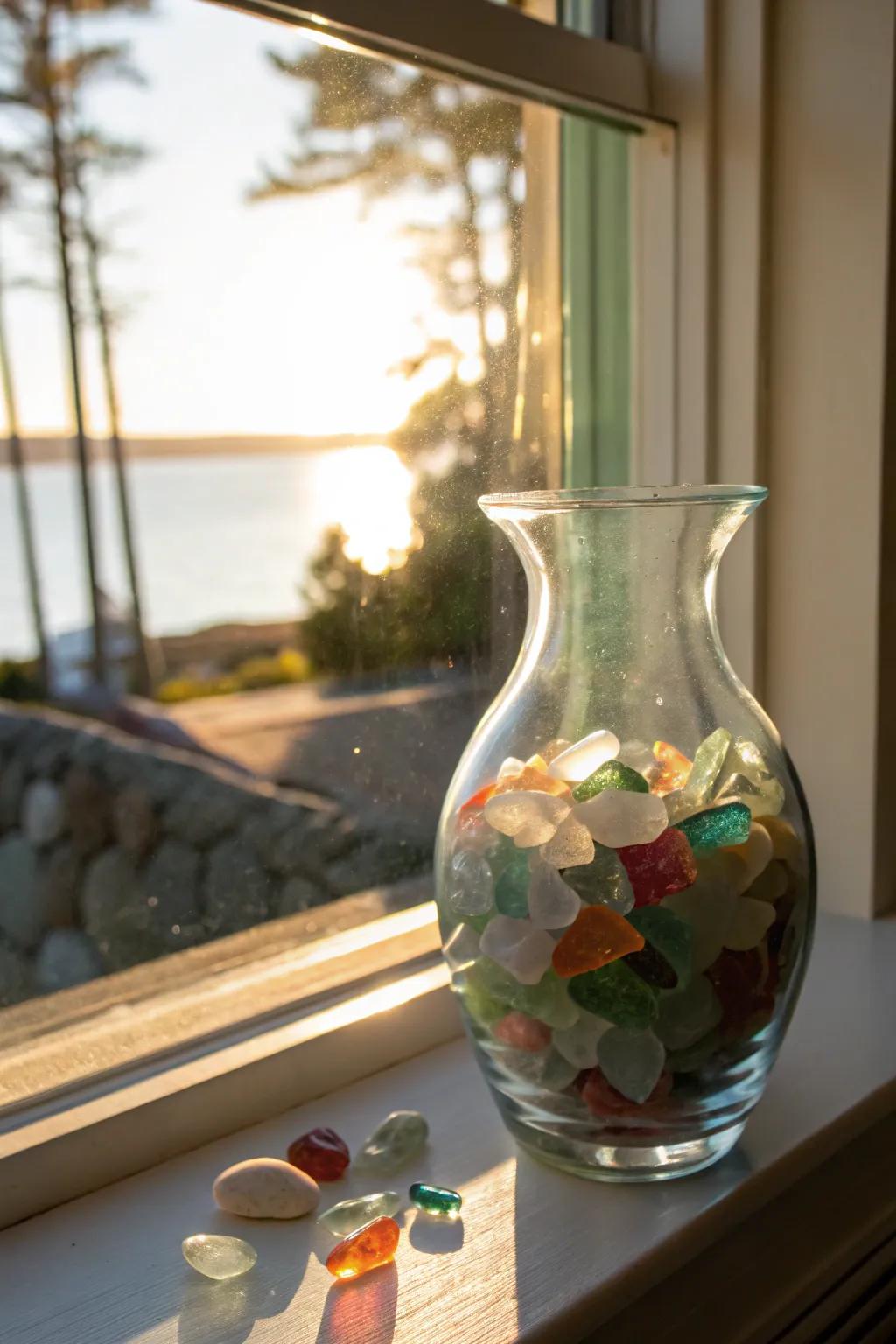 Sea glass-infused vases add a coastal charm to decor.