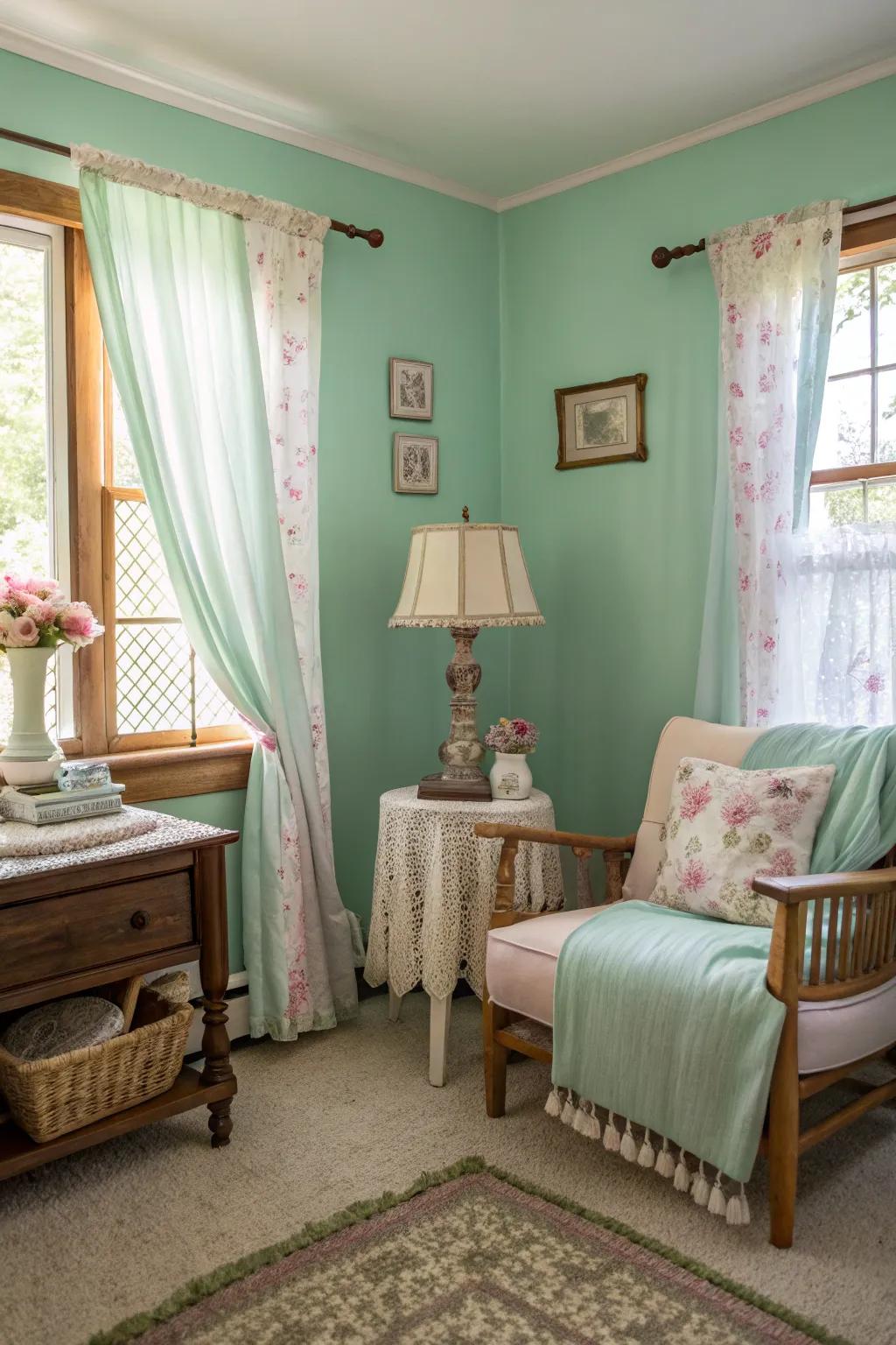 A vintage-inspired room with charming seafoam green walls.