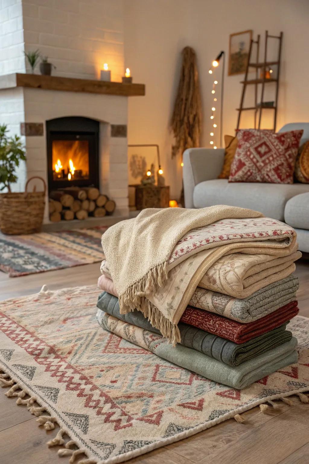 Overlapping floor coverings inject warmth and define the seating area near the fireplace.
