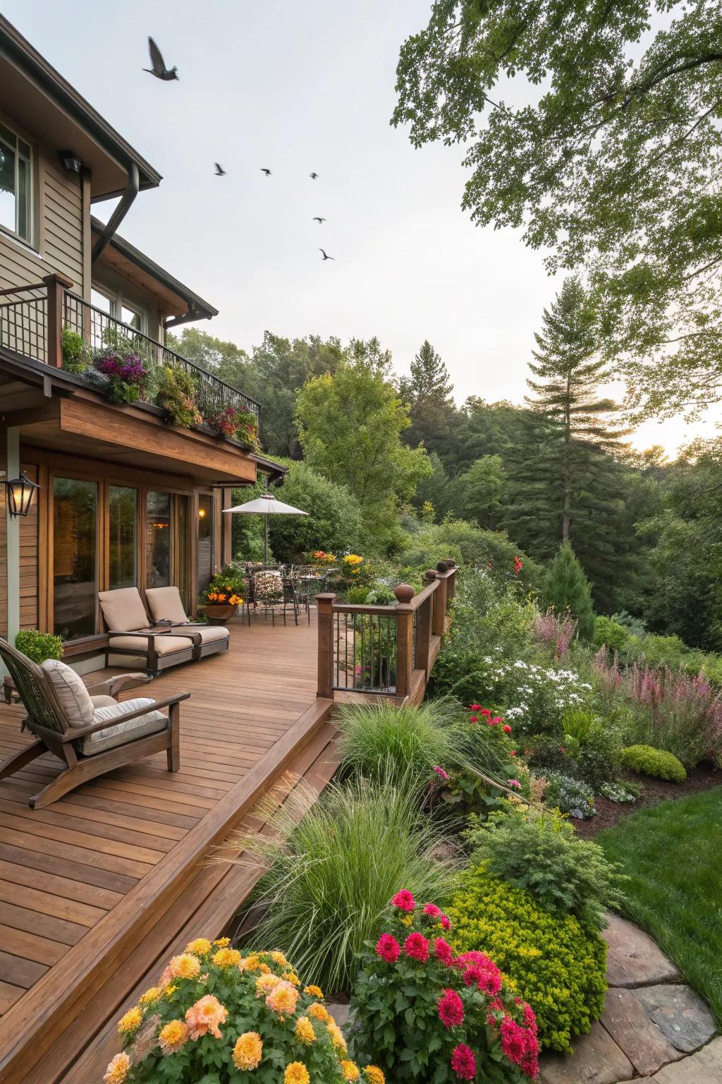 A deck that seems like a natural continuation of the garden, effortlessly blending with its surroundings.