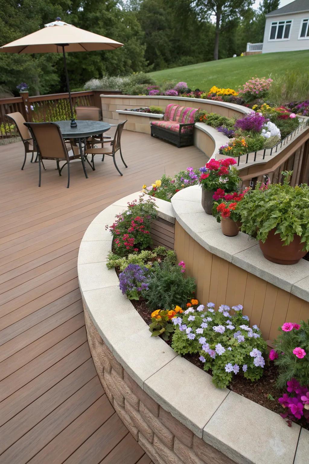 Planters and blooms infuse vibrancy into your semi-circular patio.
