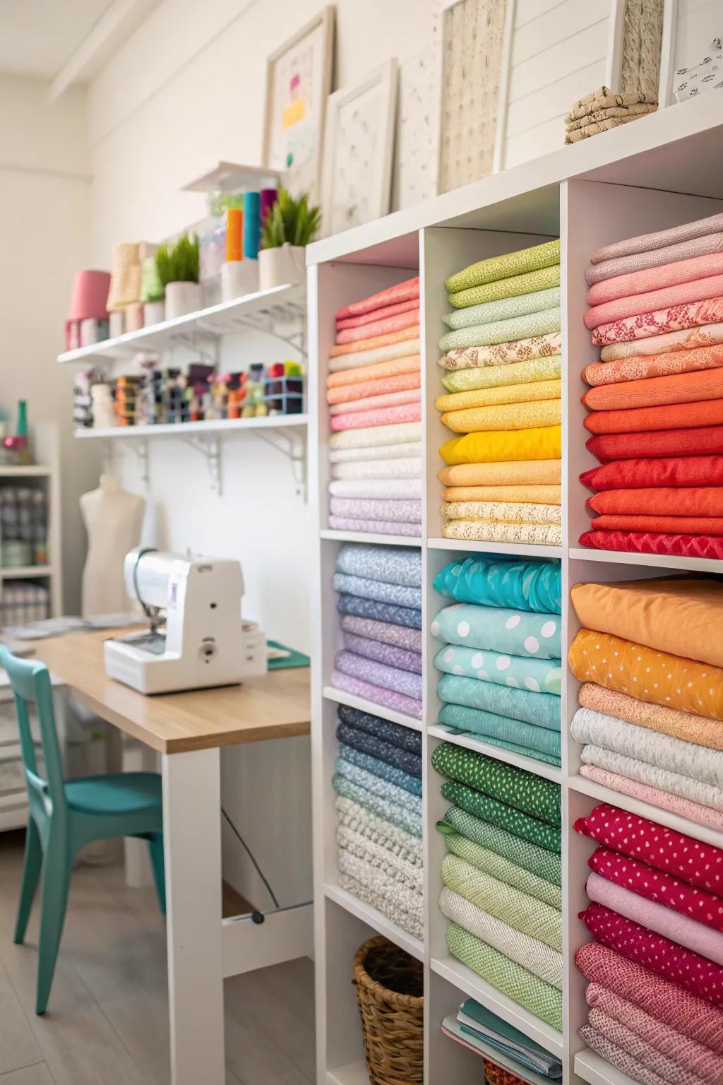 A colorful fabric display works as storage and inspiration.