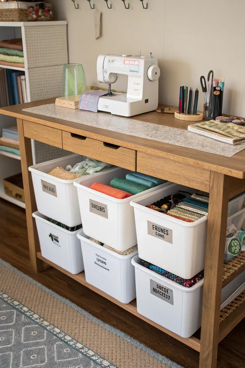 Under-desk storage maintains a clutter-free crafting area.