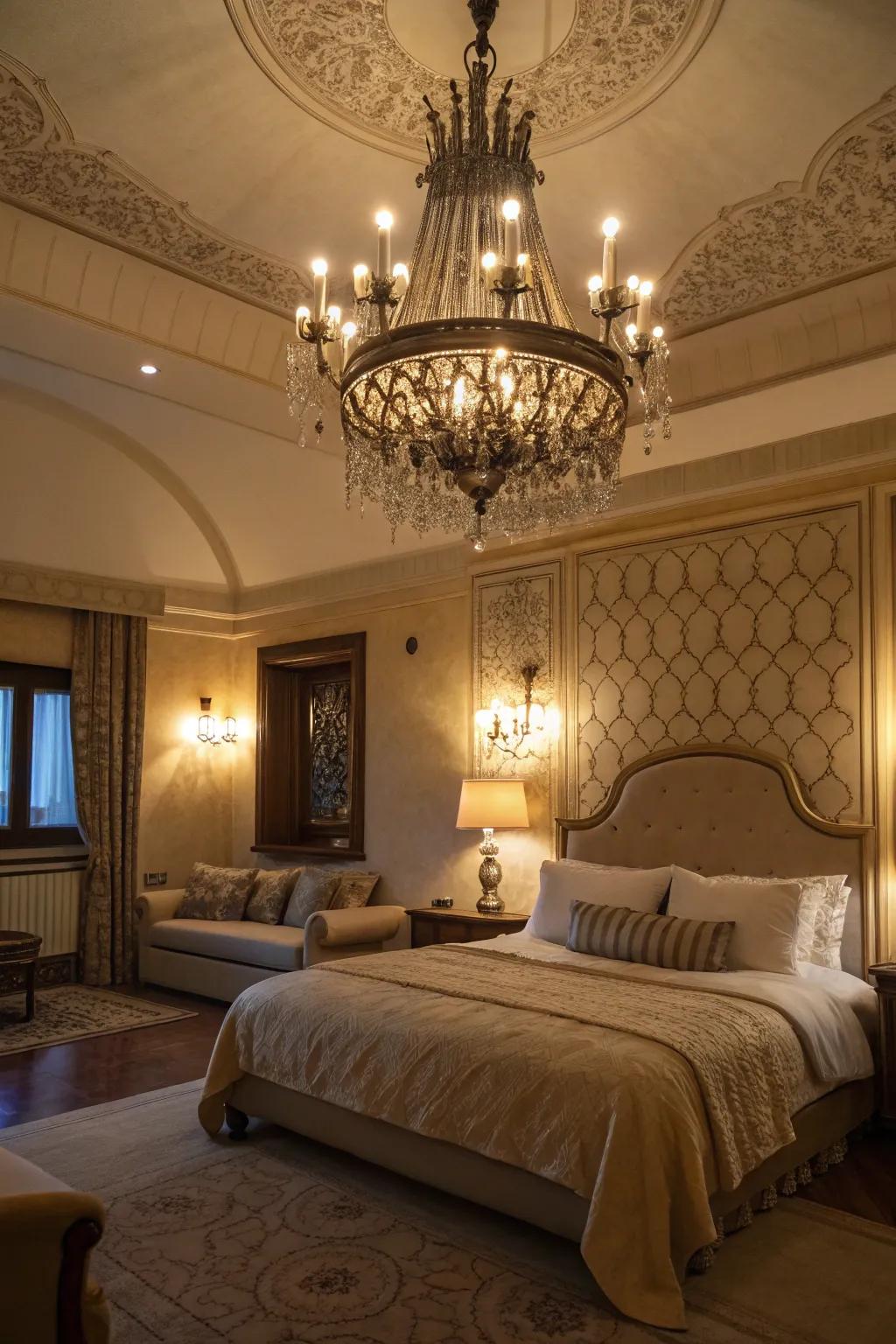 Subtle illumination transforms the bedroom's mood.