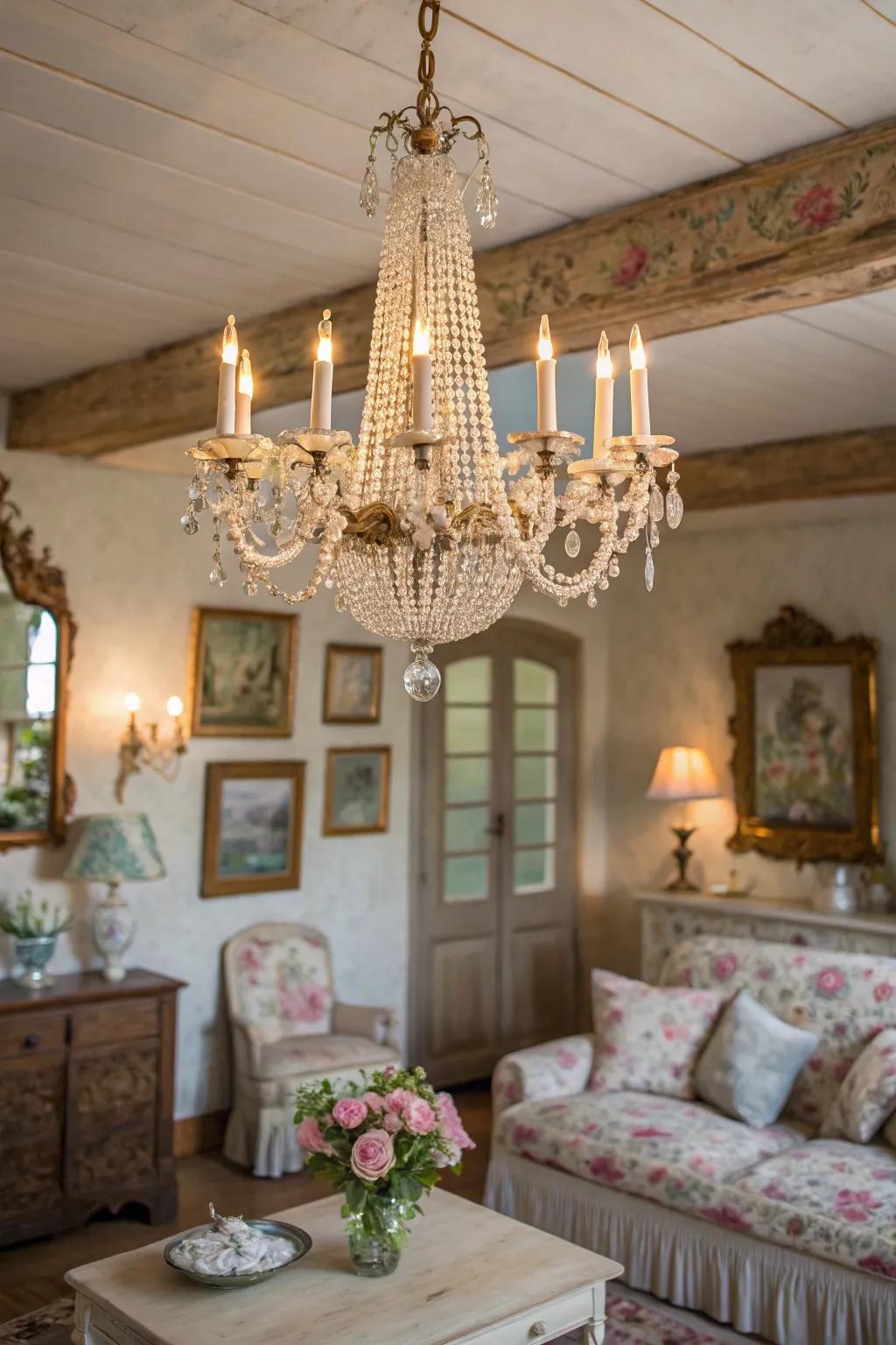 A light fitting introduces a sophisticated touch that complements the countryside decor.