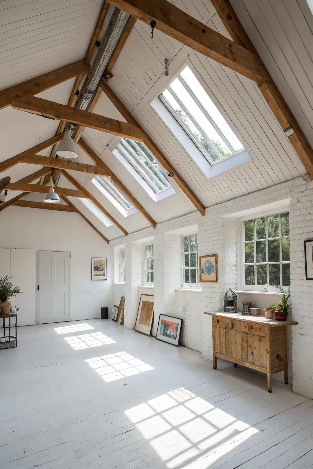 A radiant studio illuminated by overhead windows within the shed ceiling.