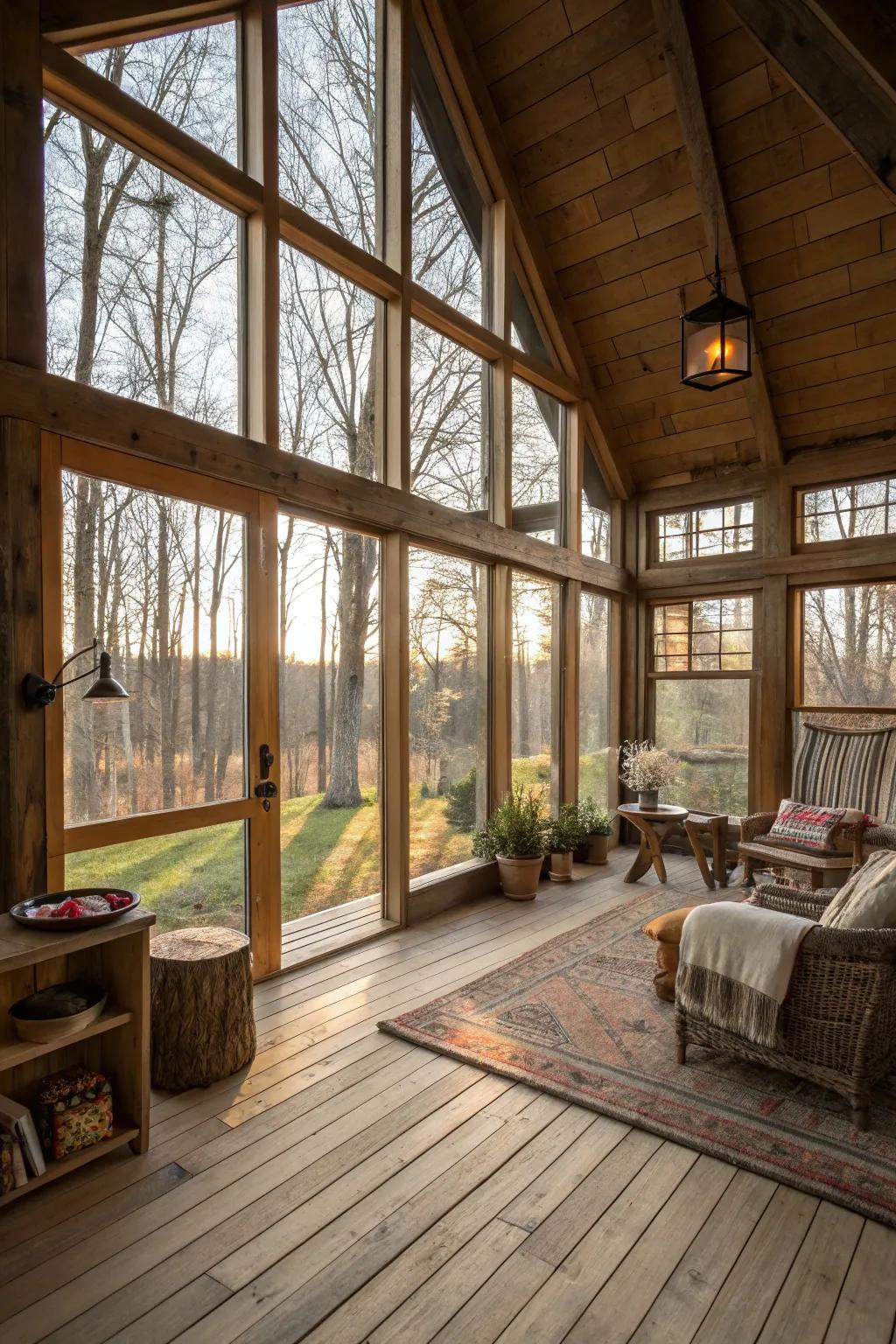 An airy shed dwelling interior featuring expansive apertures allowing for copious natural illumination.