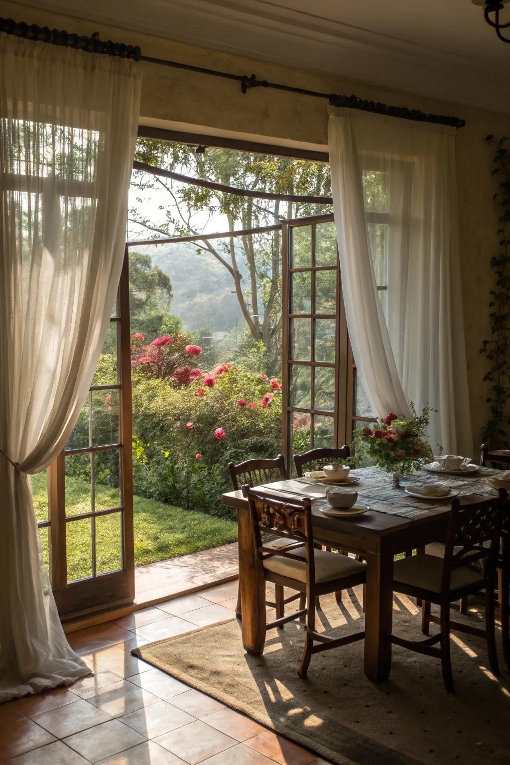 Ethereal drapes gracefully frame exterior vistas, conveying outdoor allure indoors.