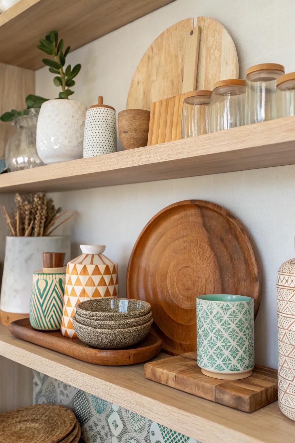 A mix of wood, glass, and pottery adds texture to the shelf.