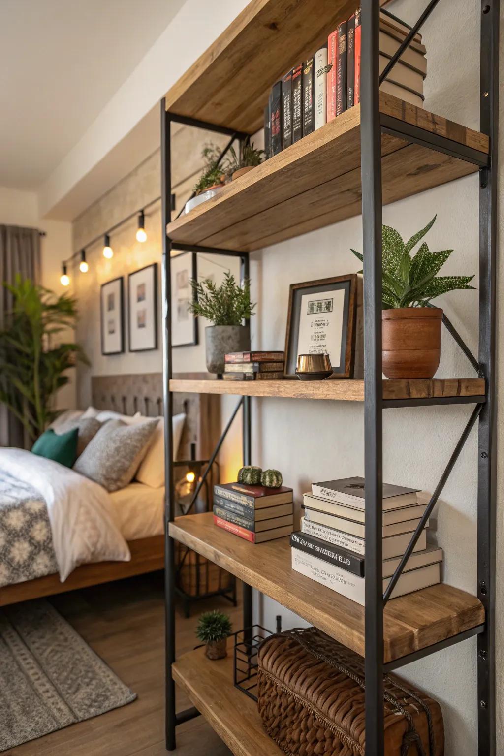 Shelves with mixed materials add depth and texture.