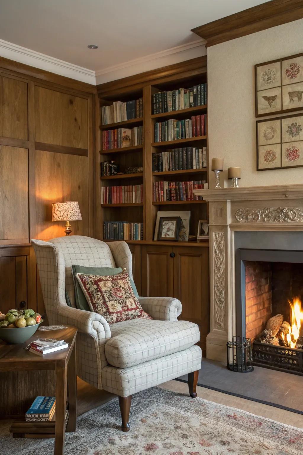 A cozy reading nook by the fireplace invites relaxation.