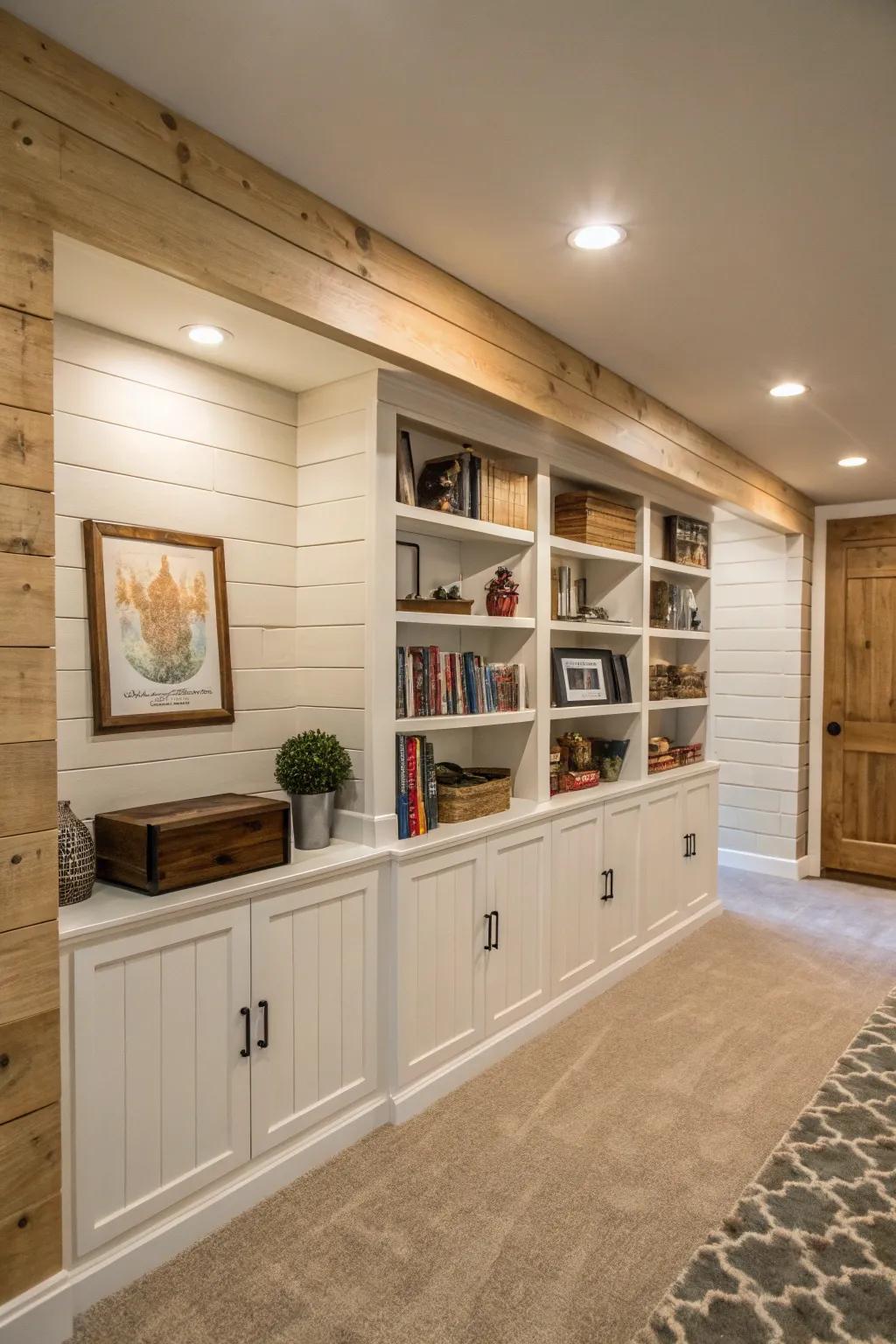 A board and batten feature wall with built-in shelving enhances this basement.