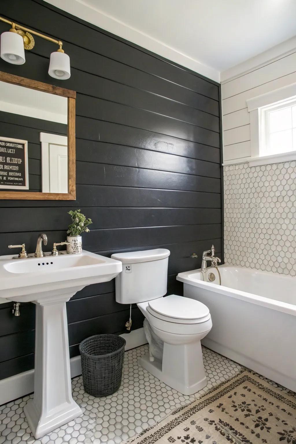 A bathroom accented with a black panel wall for a striking statement.