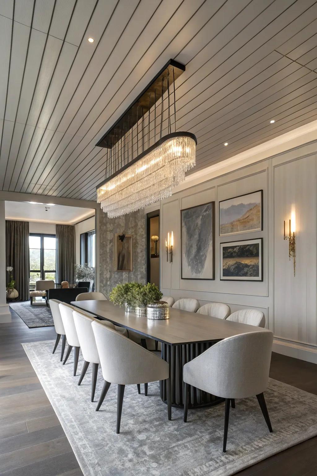 An upright plank ceiling contributing a modern twist to the dining area.