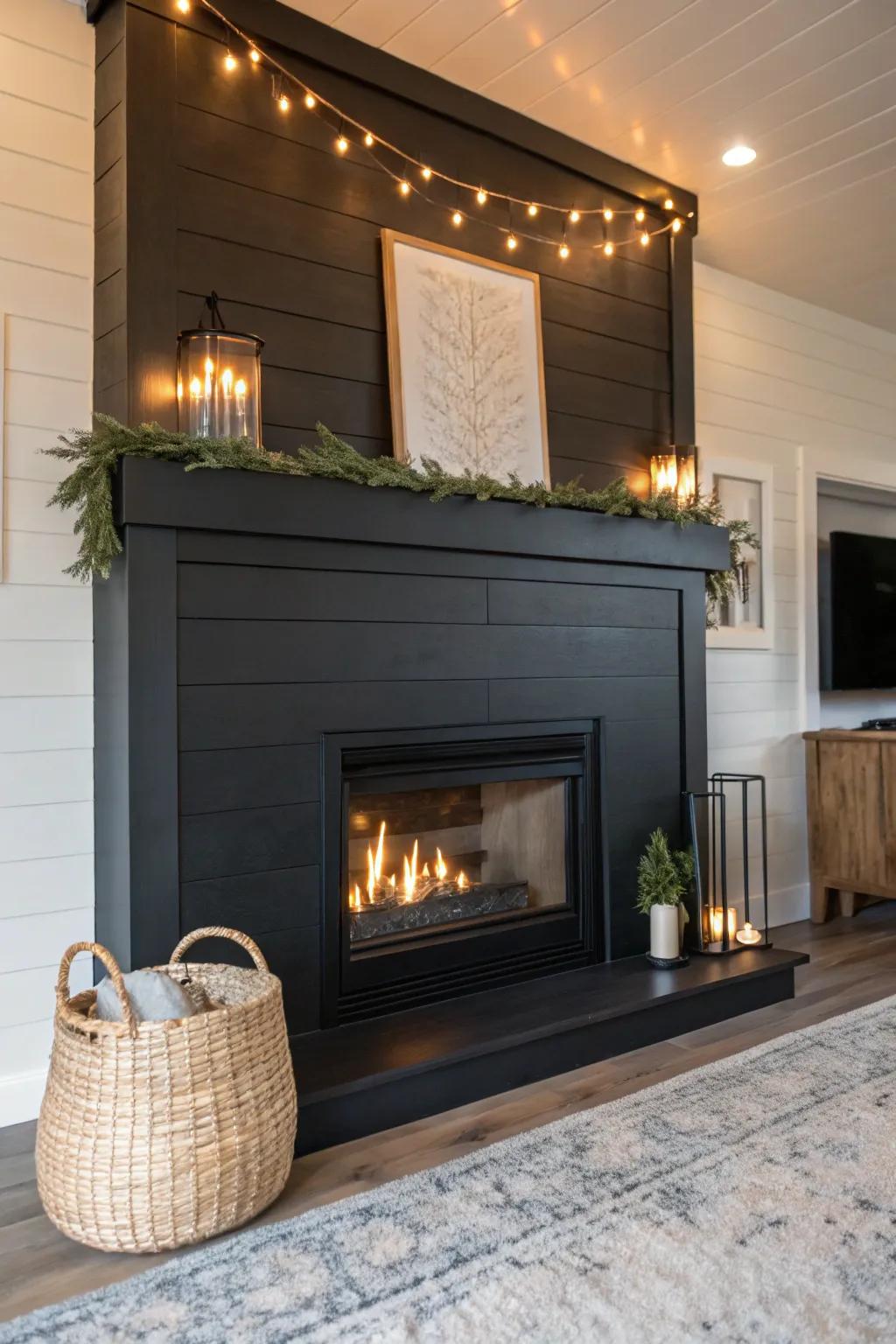 Audacious black shiplap fireplace leaving a modern statement.
