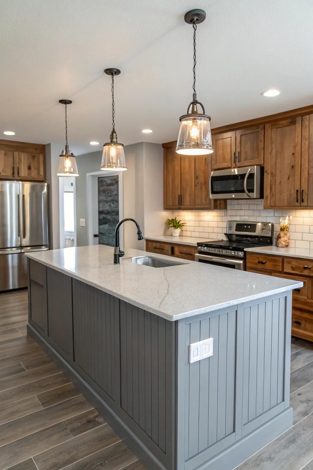 Elegant gray shiplap matched with streamlined quartz countertops.
