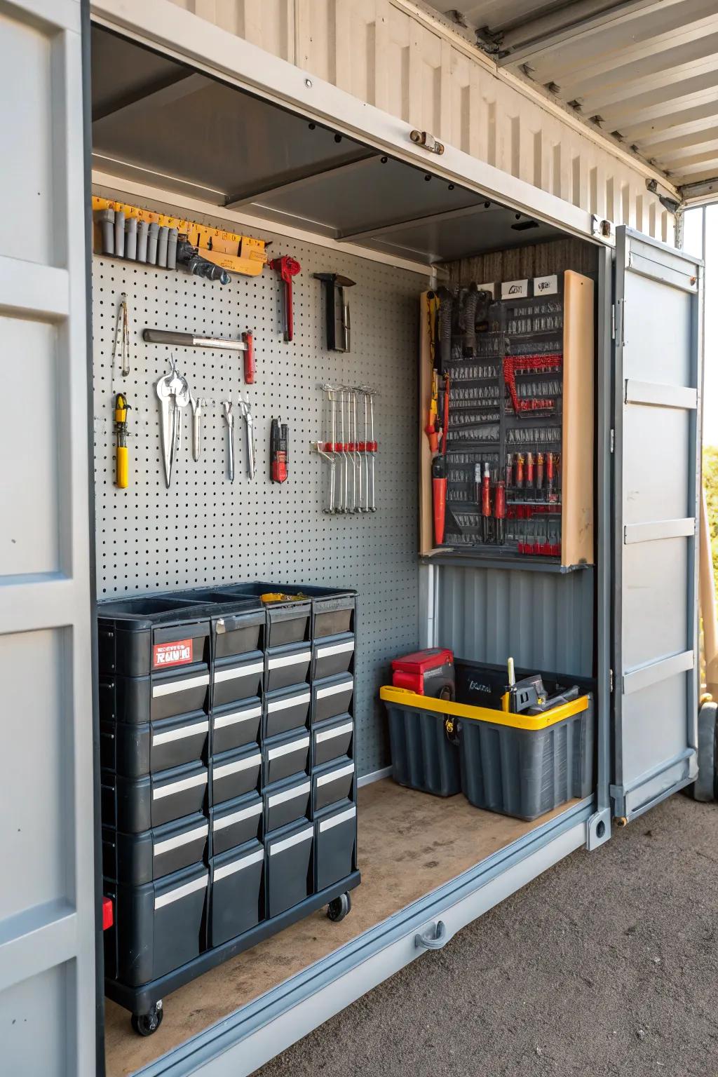 Organized tool storage featuring pegboards and containers.