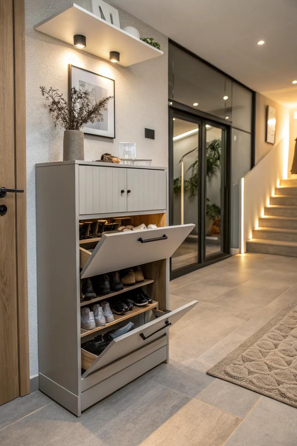 Shoe cabinet with drawers offering hidden storage.