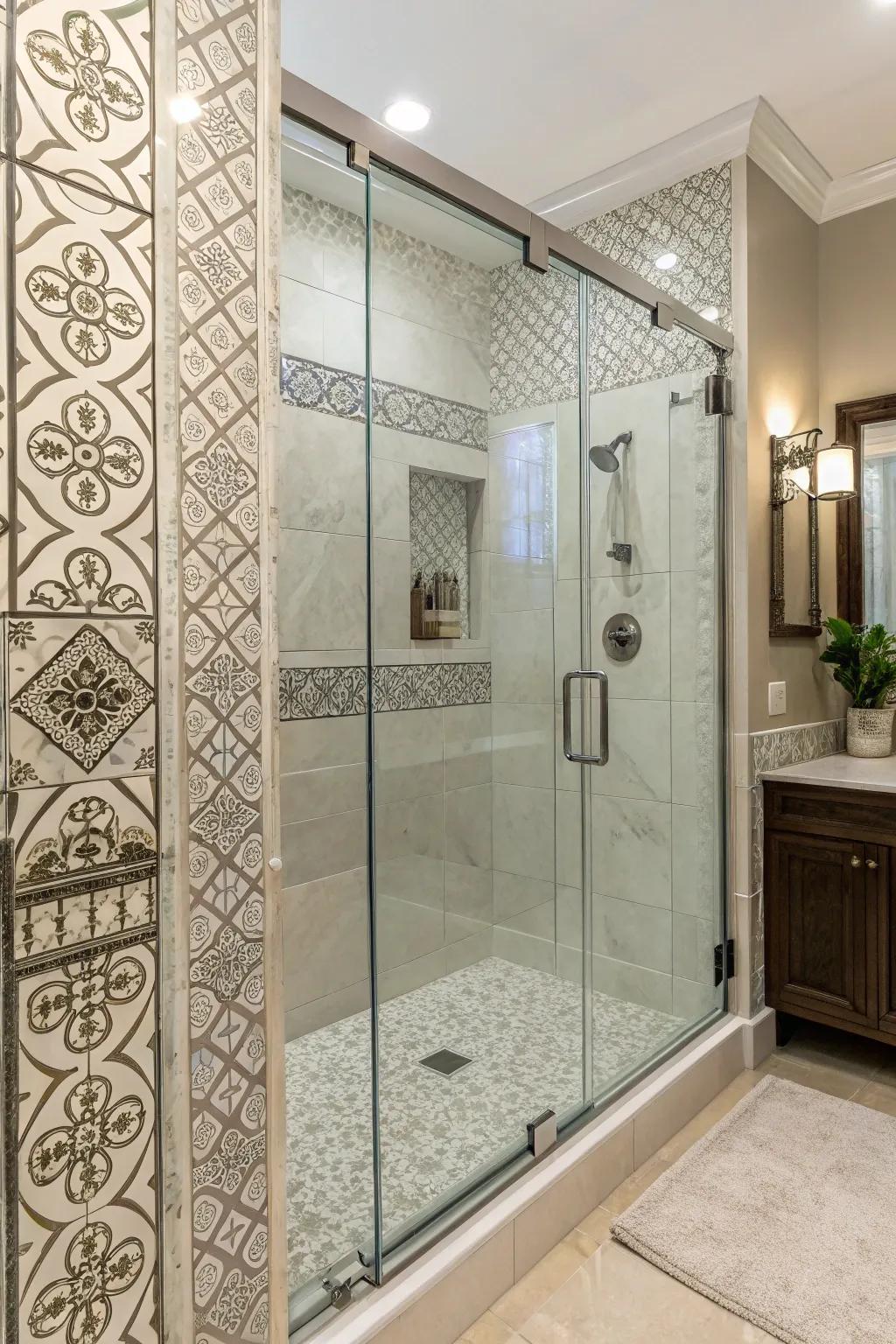 A shower featuring borderless glass entries and elaborate tile artistry.
