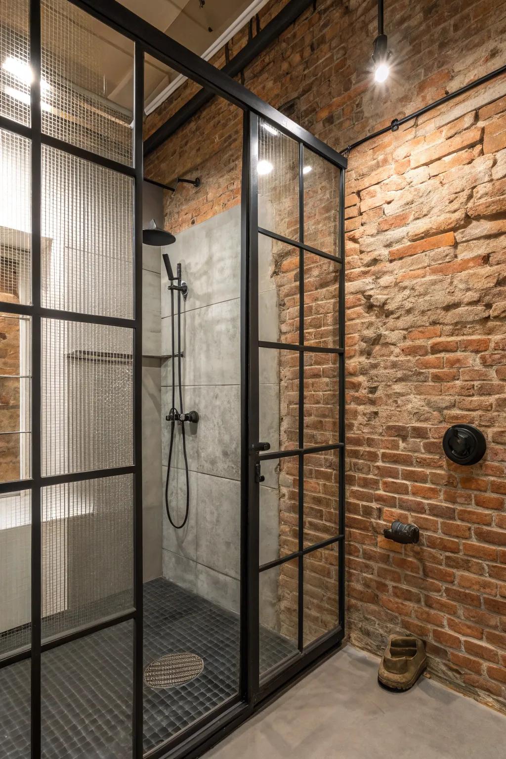 The shower space is made bold and stylish with industrial accents.