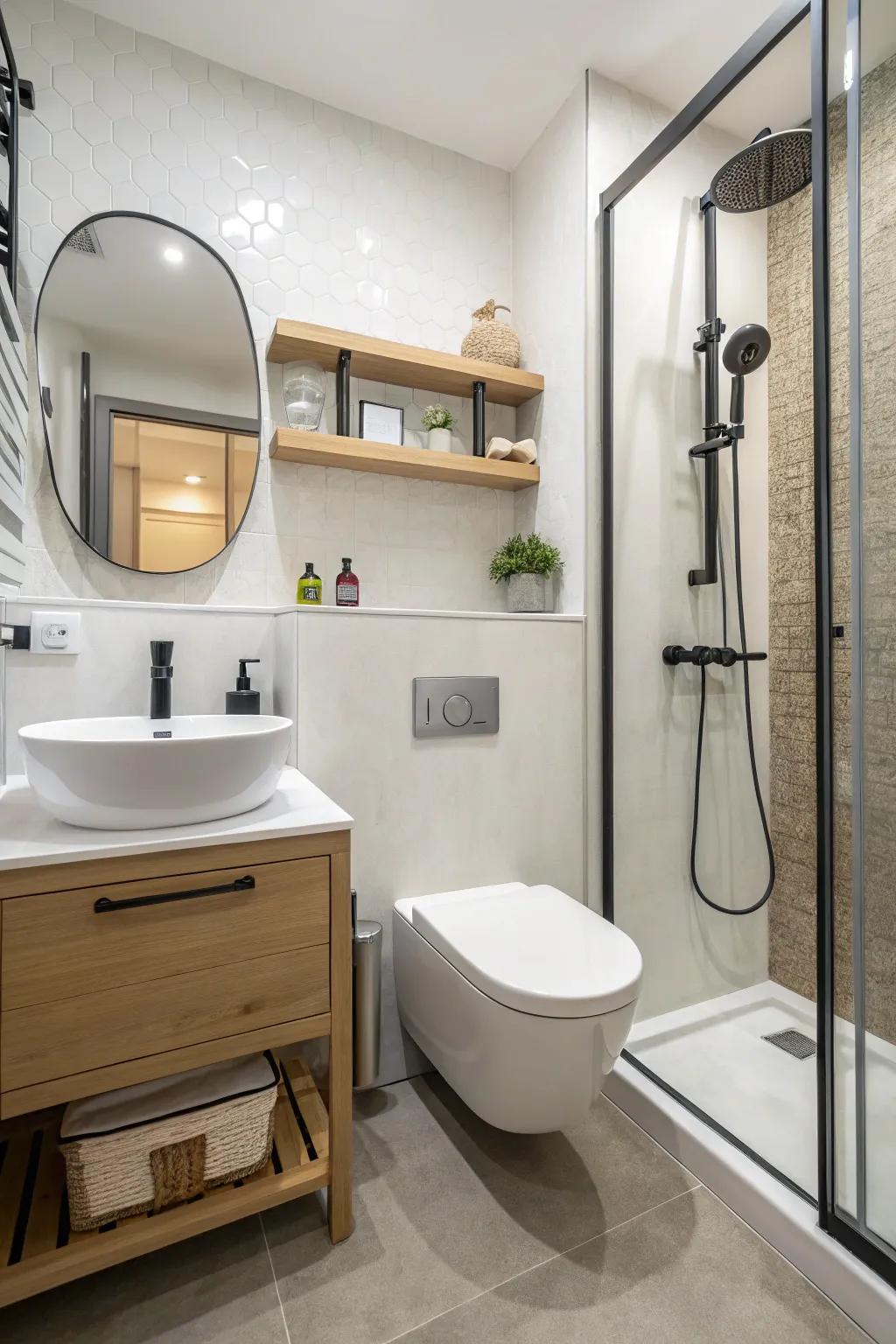 Wall-mounted fixtures keep the floor uncluttered and the area feeling roomy.