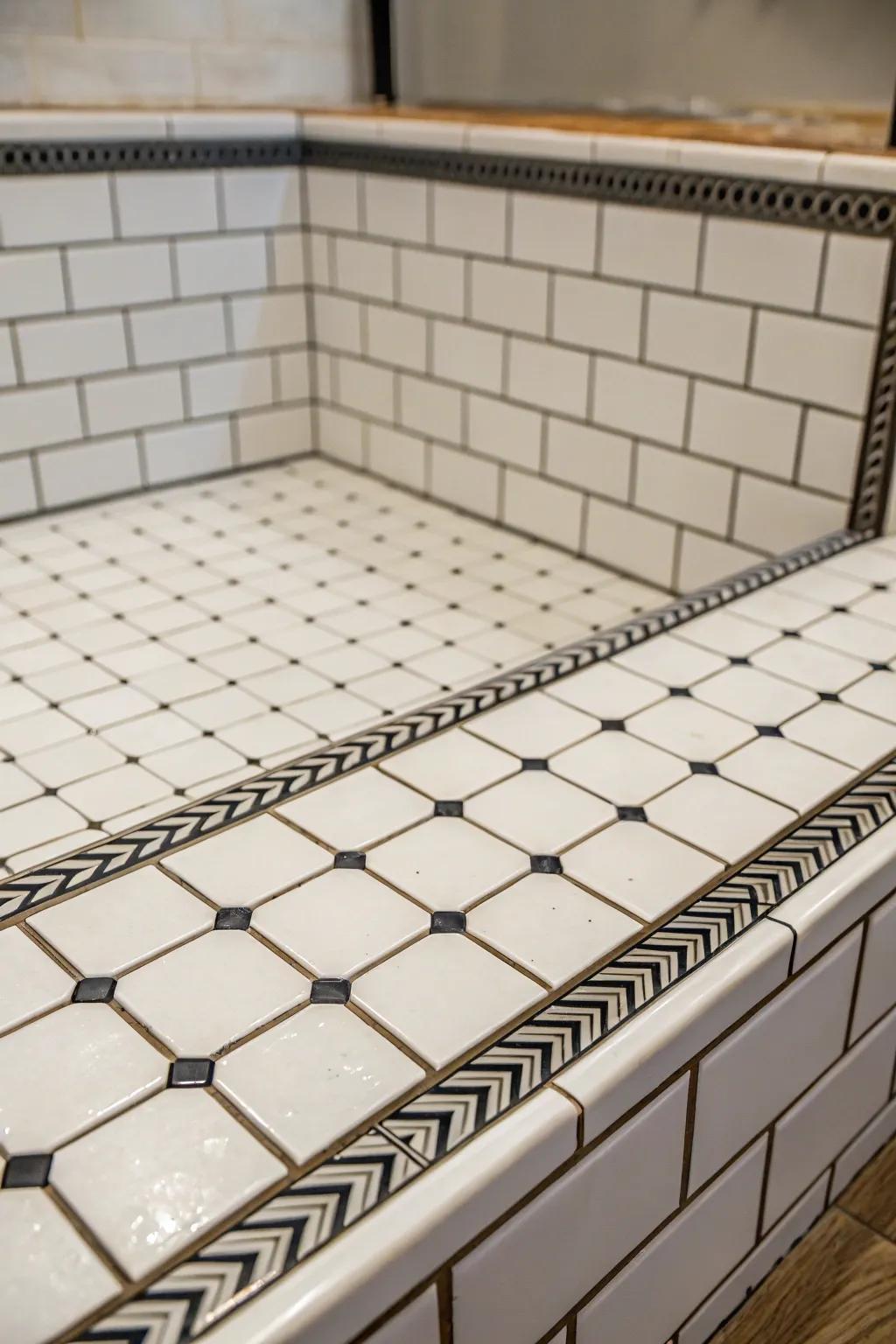 White tiles paired with stark dark tile joint lines fashion a dramatic impression on this shower base.