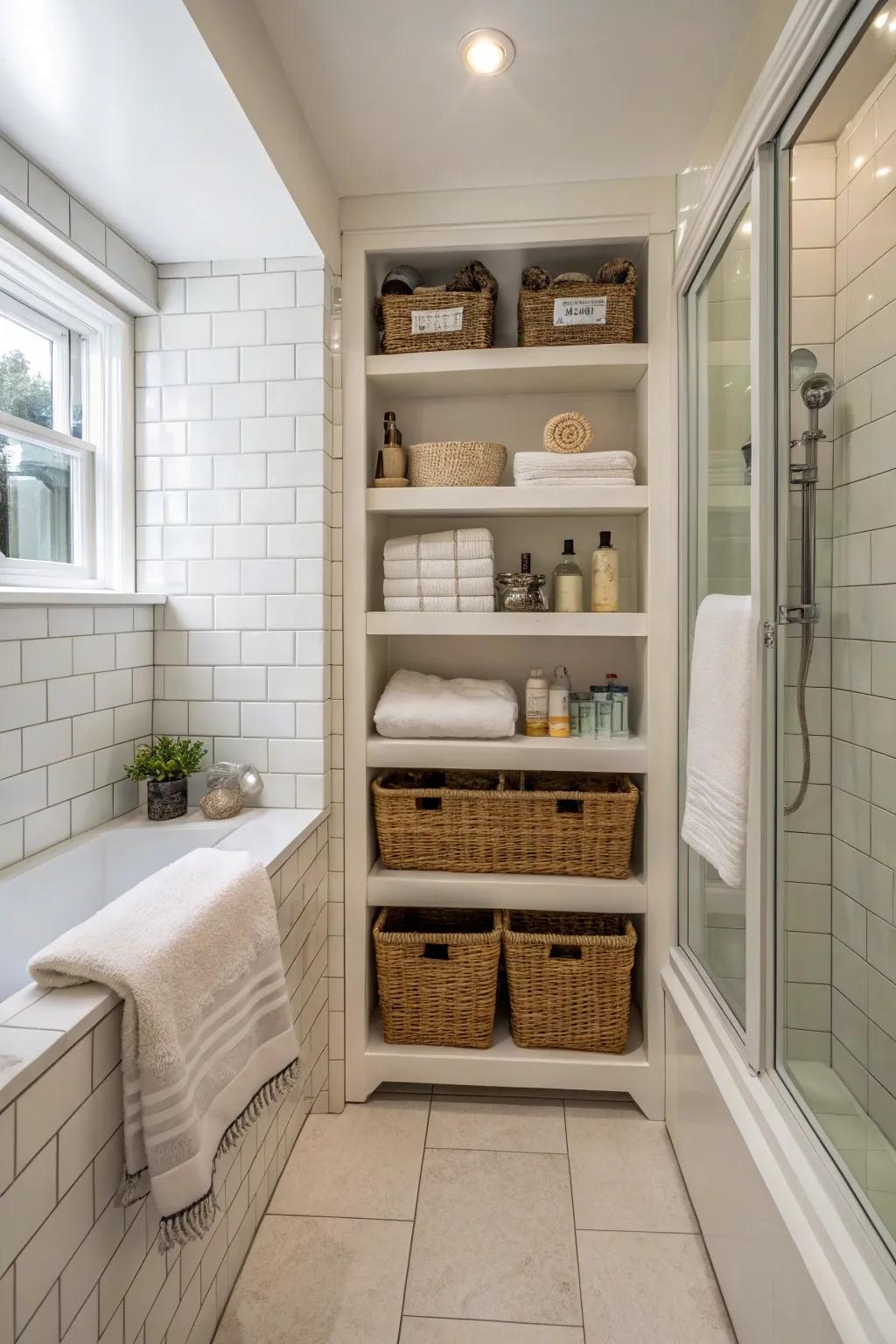 A shower room using creative storage options for a neat and tidy area.