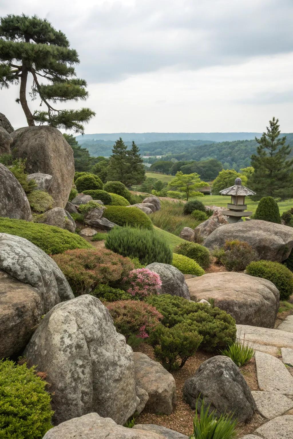 A harmonious rock garden featuring boulders and diverse shrubs for added texture.