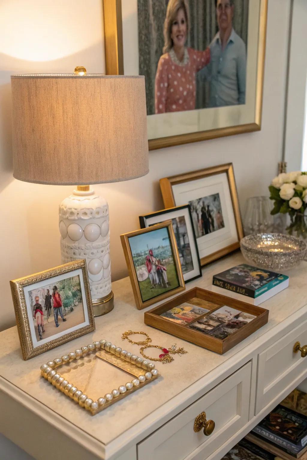 A personalized side table featuring framed art and unique decorative items.