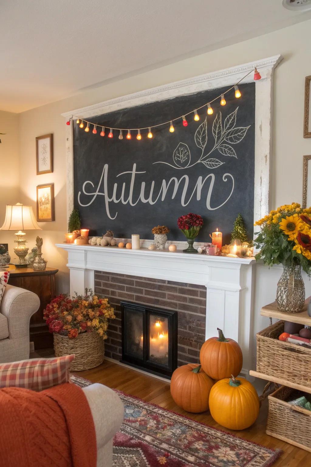 Living room chalkboard featuring an autumn-inspired quote.