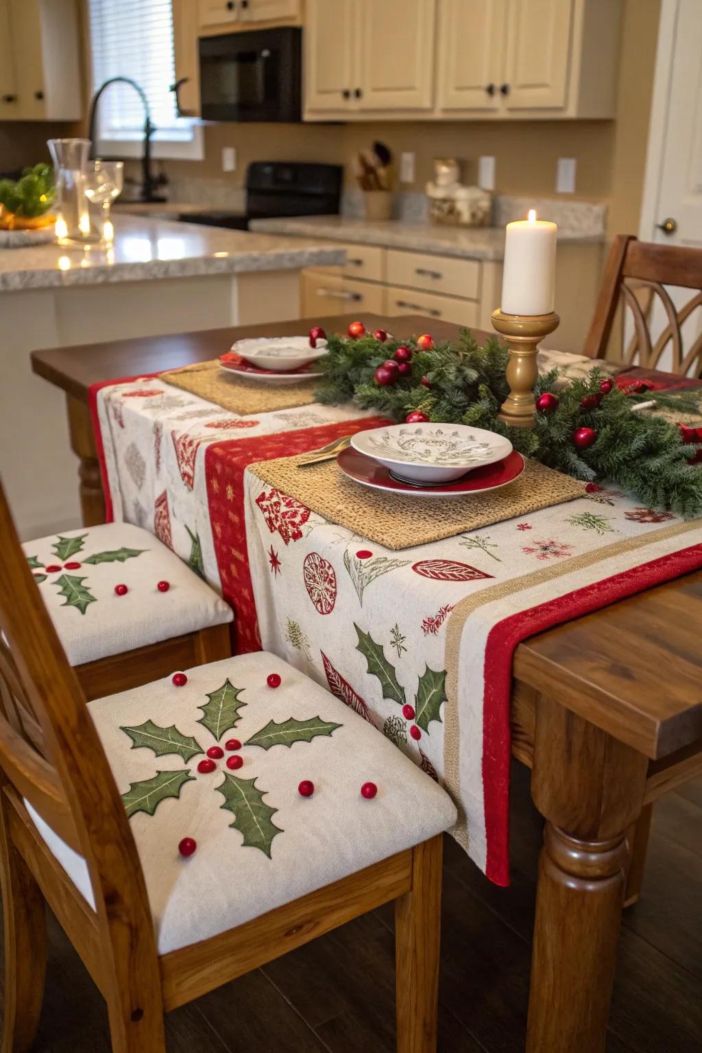 Festive textiles add warmth and charm to the kitchen.