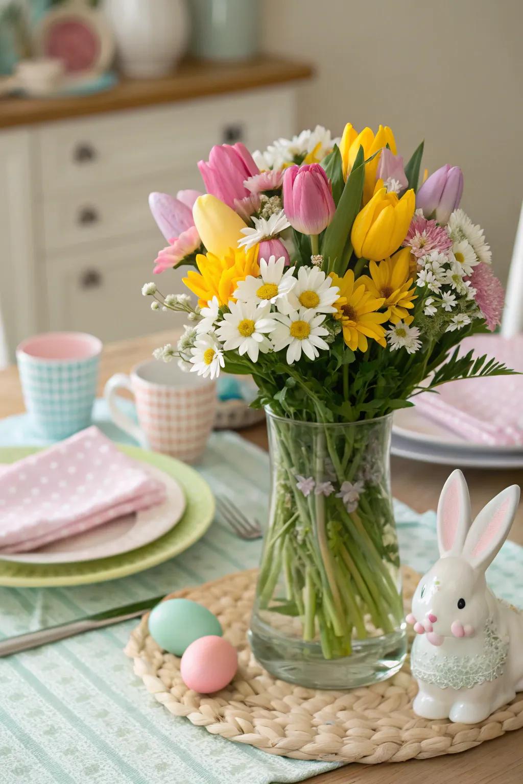 Tulips and daisies unite to form a dynamic floral showpiece.