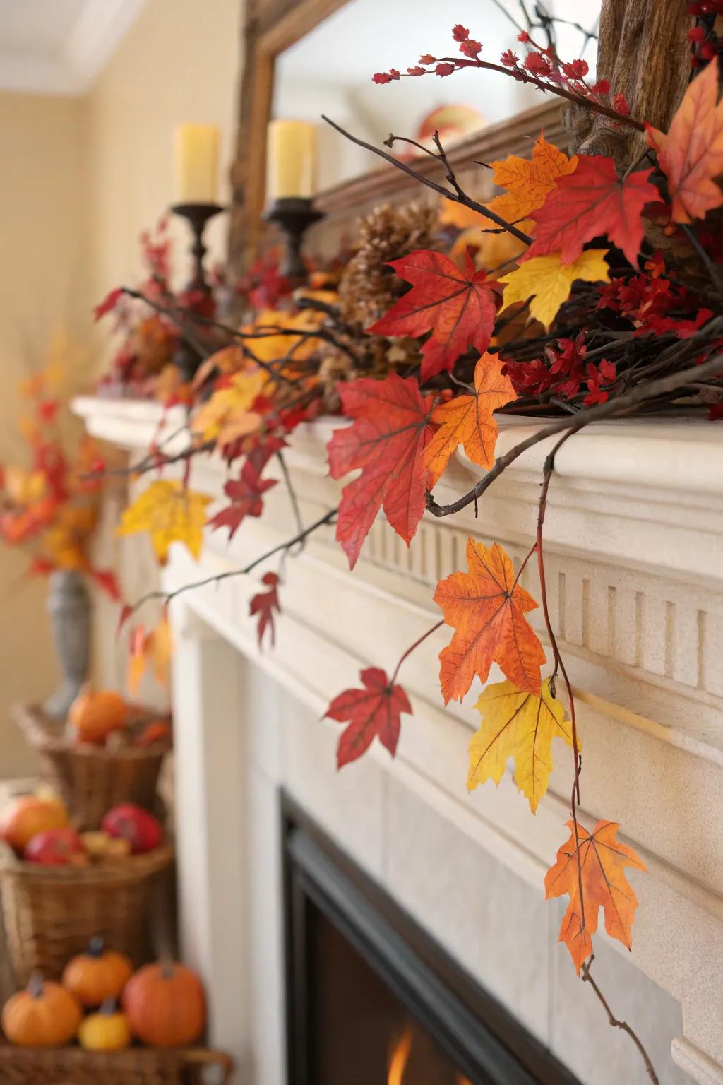 A lively assortment of seasonal leaves enriching the mantel's color.