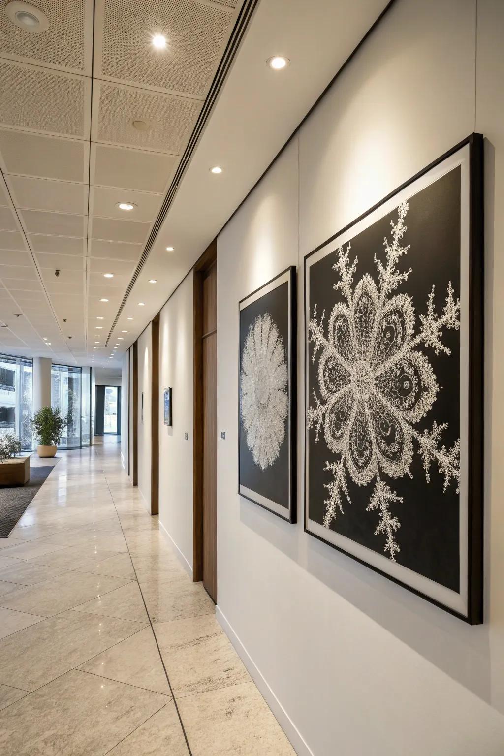 Black and white fractal art incorporates sophistication and opposition to a contemporary residence.