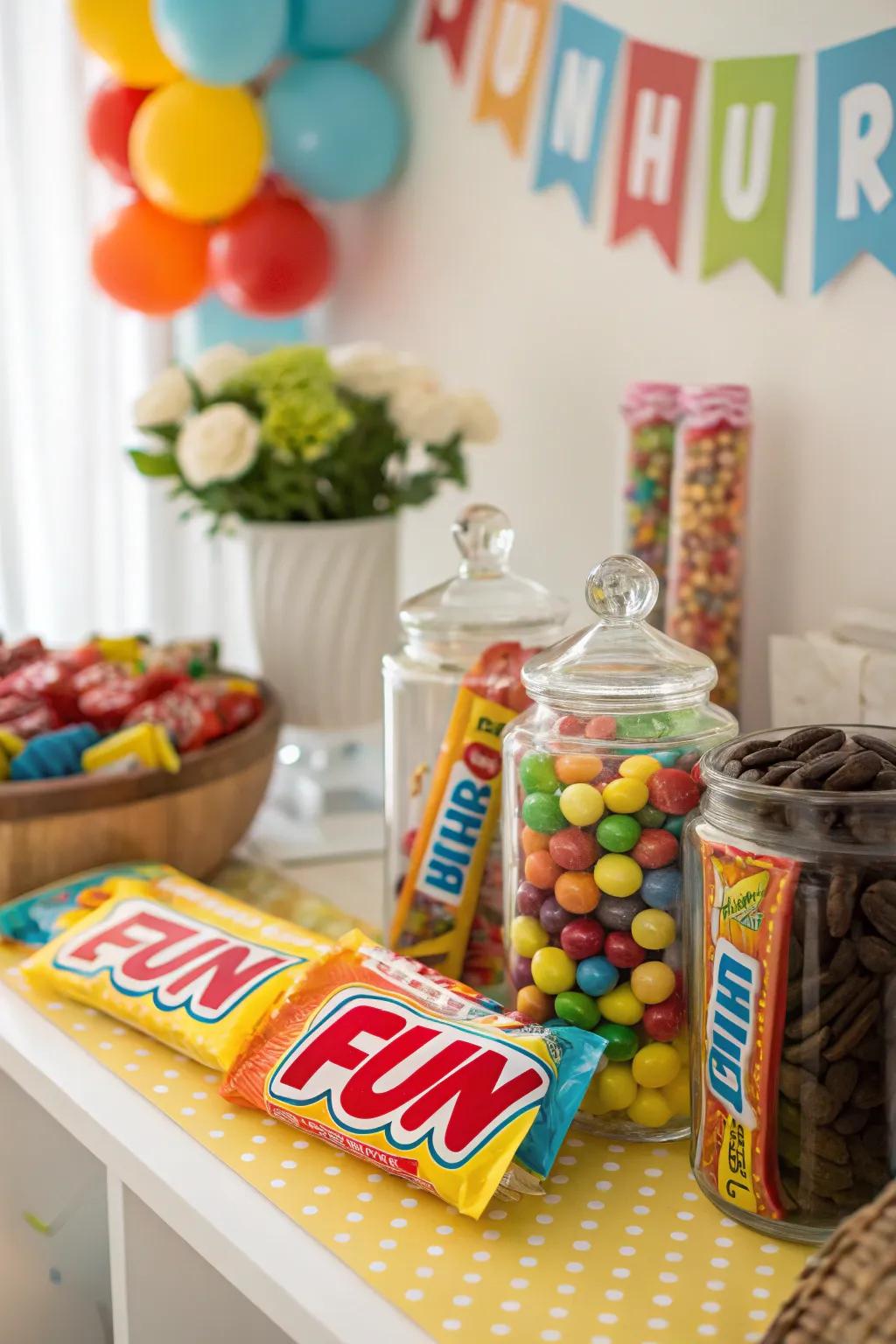 A lively sweets station filled with humorous and playful tags.