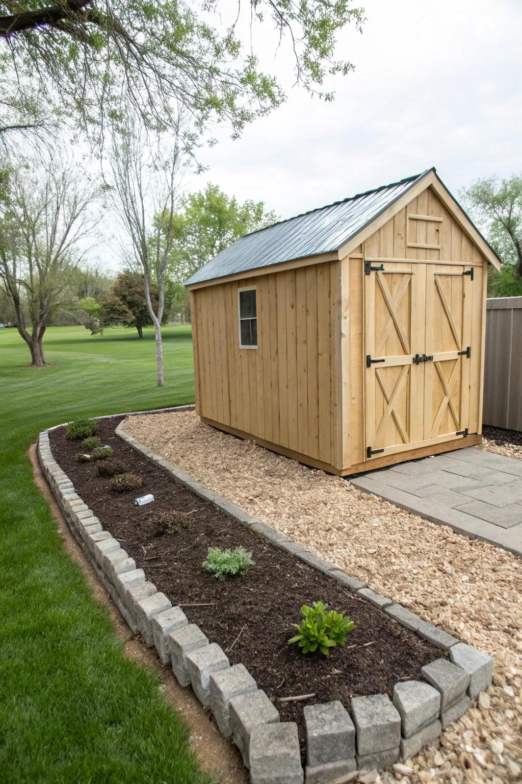 Wood chips or crushed stone deliver a tidy and manageable boundary for your garden structure.