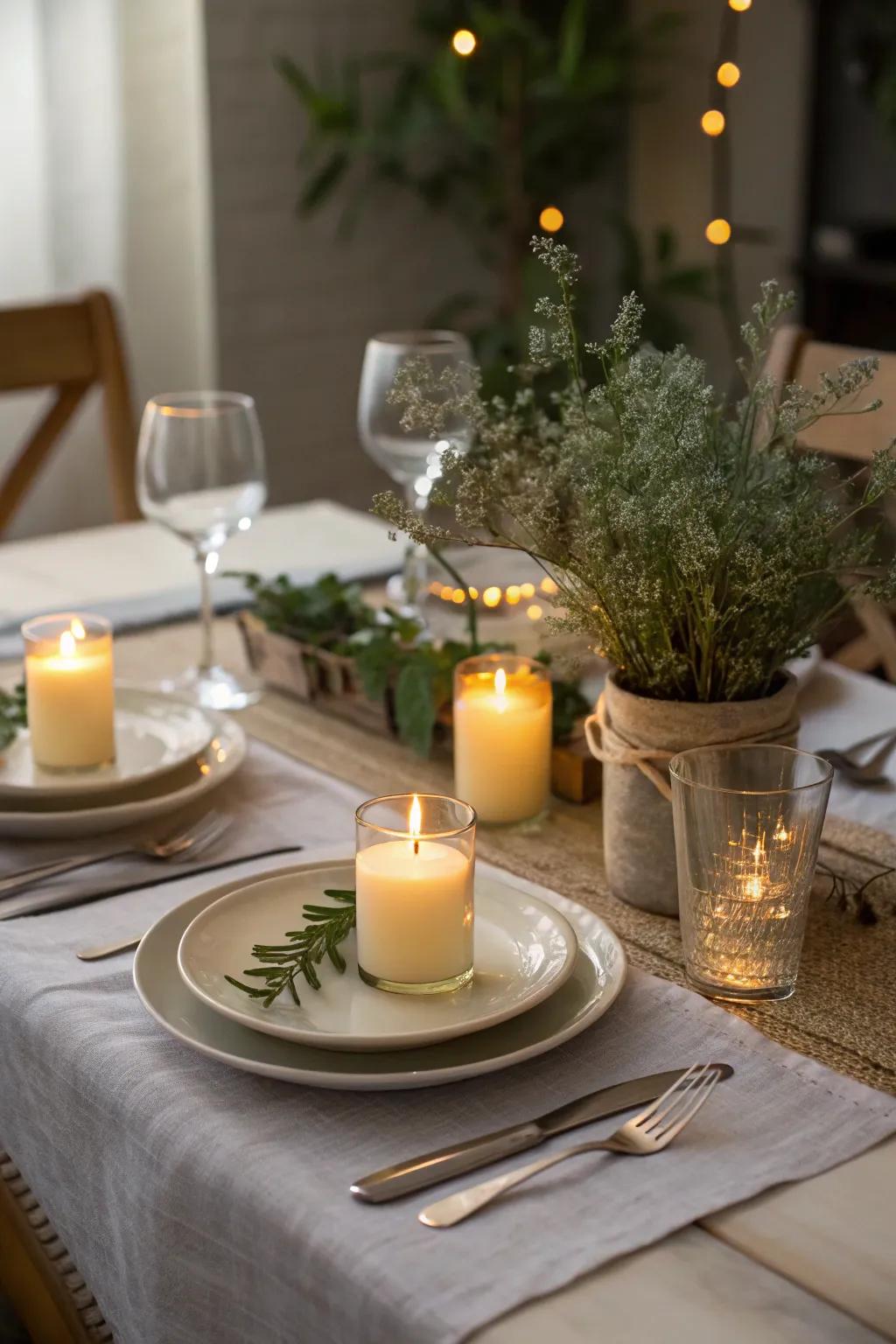 The table is given a warm glow by small votive candles.