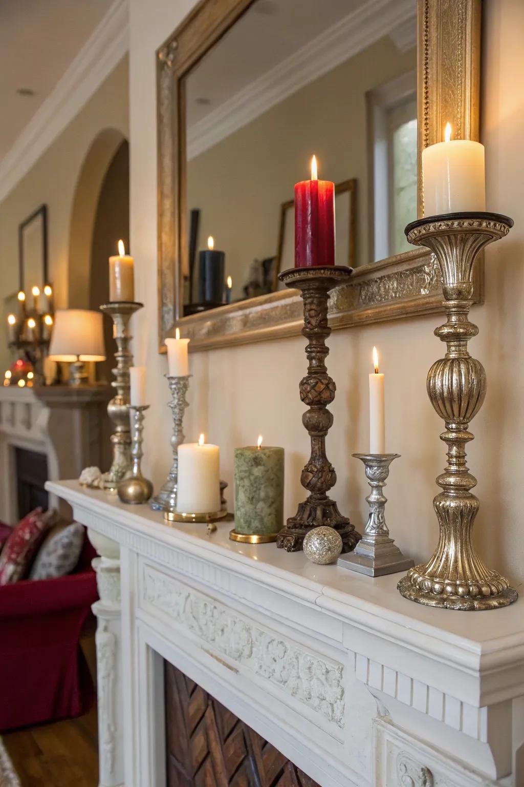 Luminaries generate a snug and welcoming atmosphere on this fashionable mantel.