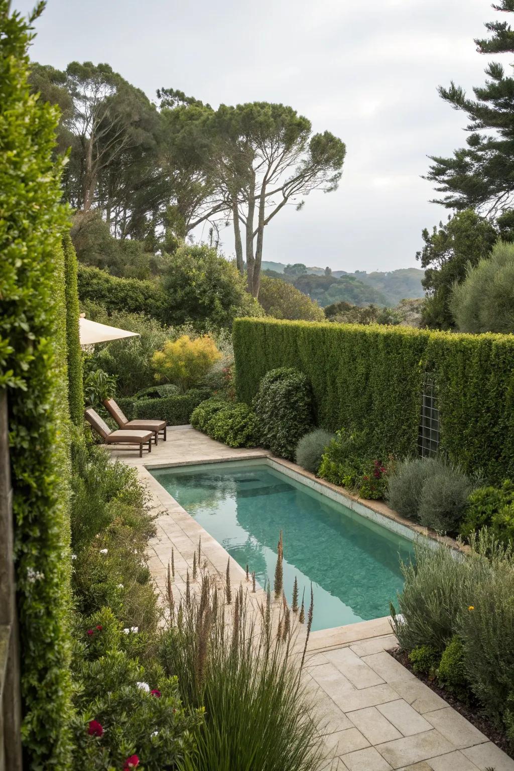 Tall greenery providing seclusion and elevating the pool atmosphere.