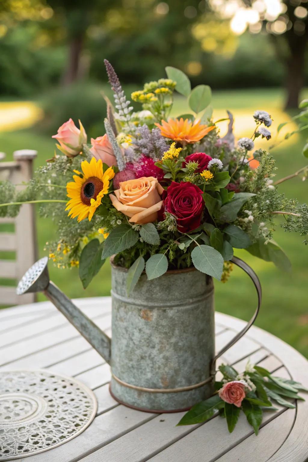 A spirited blend of roses and garden flowers for a lively display.