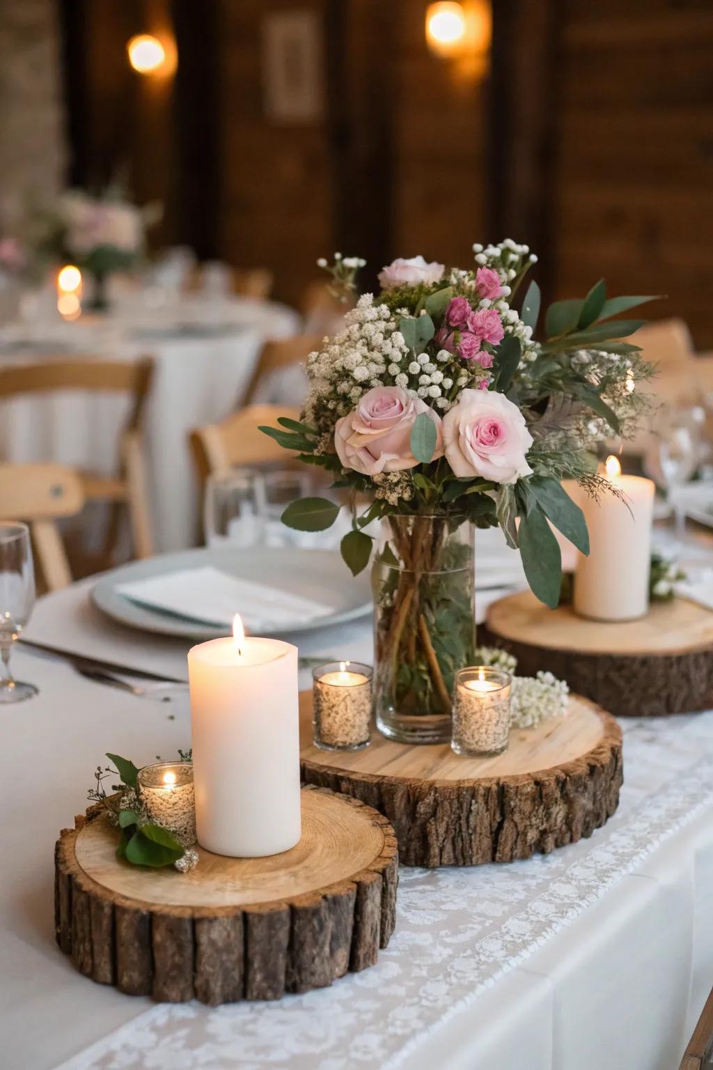 Wooden pieces bring a rustic charm to the wedding decor.