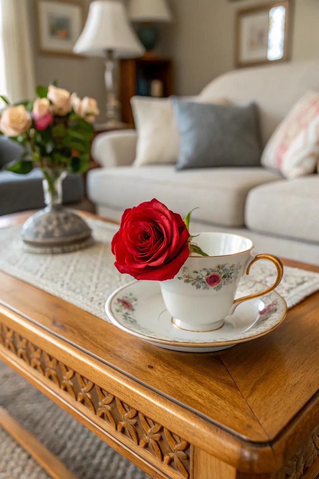 A rose nestled in a tea vessel imparts a playful charm to your décor.