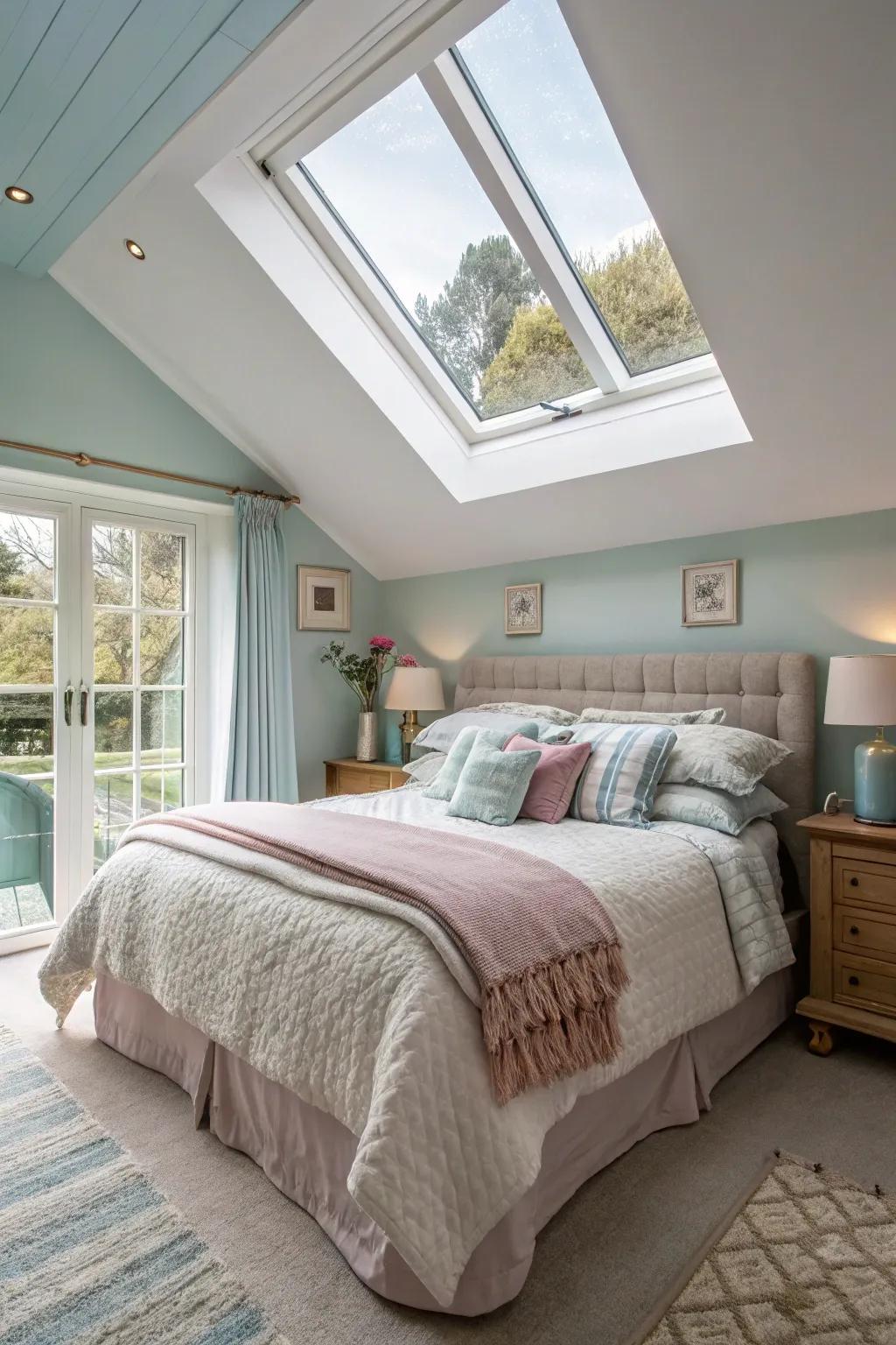 A peaceful bedroom softly illuminated by a skylight.