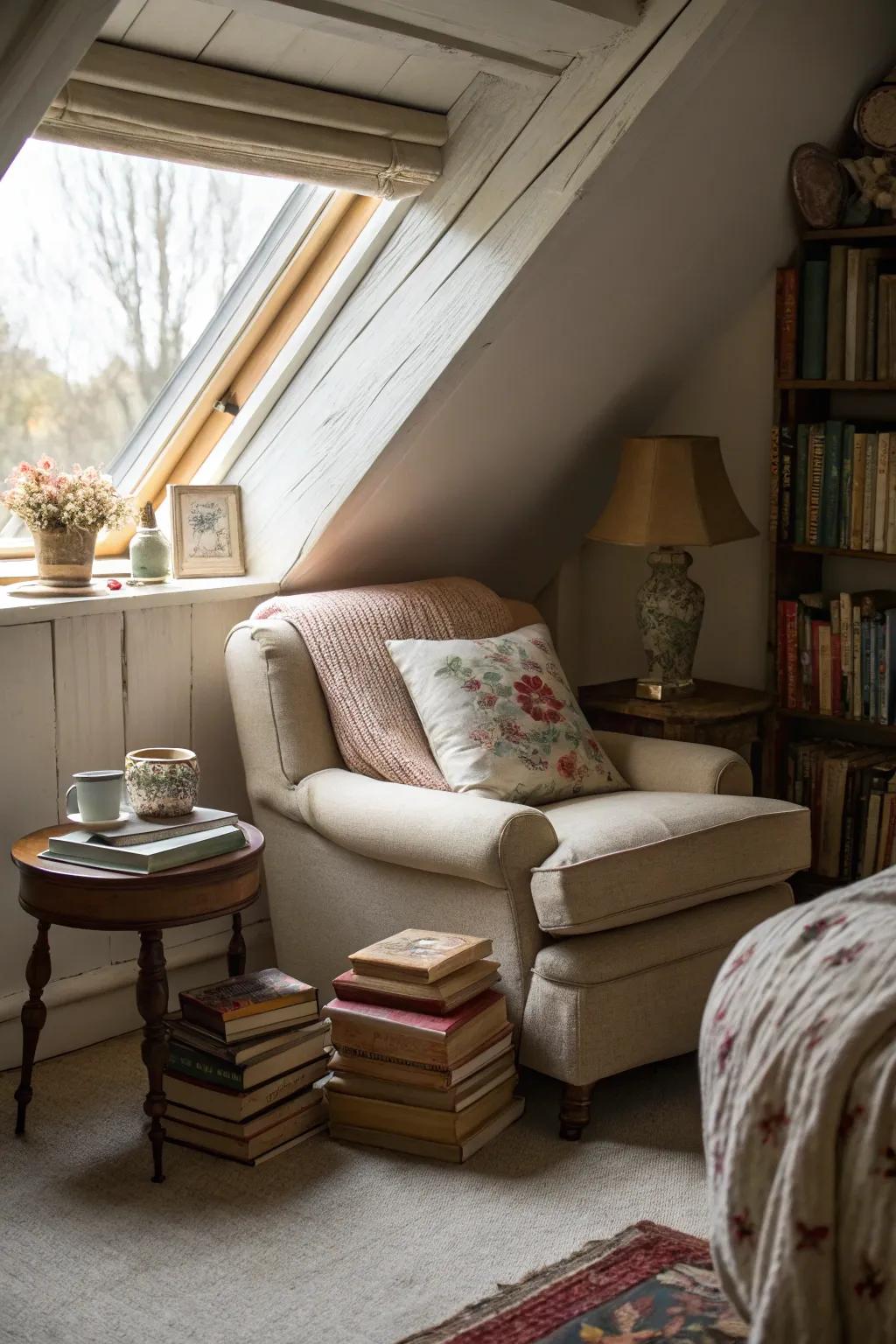 A lovely reading nook in the nook of an attic bedroom.
