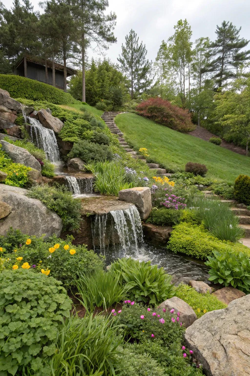 A tranquil cascade beautifully complements this sloping yard.