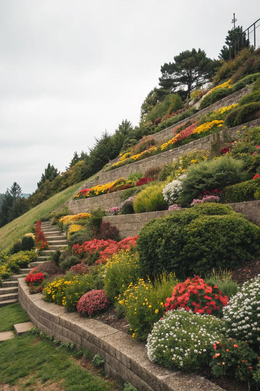 Staggered blossom beds infuse vibrancy and life into slopes.