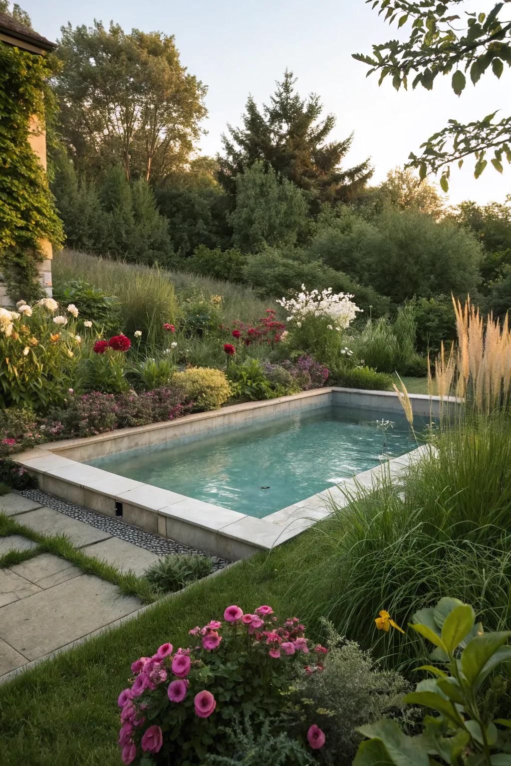 A tranquil above-ground pool nestled in a green oasis.